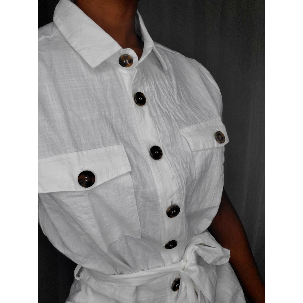 White Romper With Button-Front and Tie Waist